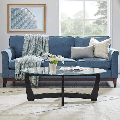 48 Inch Oval Glass Coffee Table, Black Round Coffee Table Center Table with Glass Top