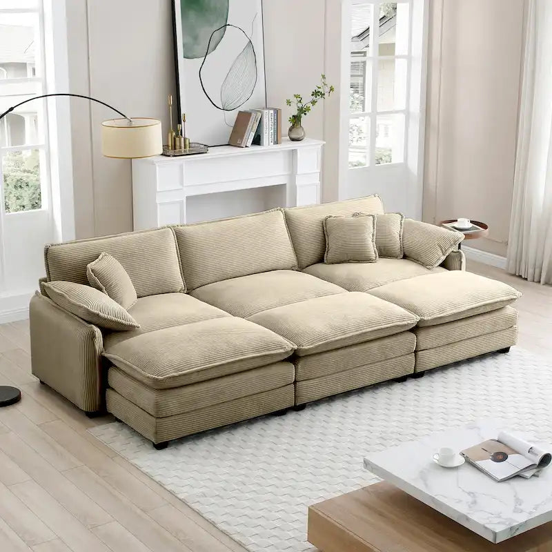 Grey Corduroy 6-Piece Modular Sectional Sofa with 3 Ottomans