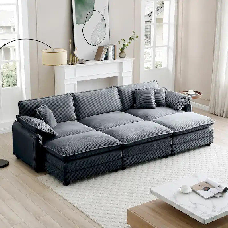 Grey Corduroy 6-Piece Modular Sectional Sofa with 3 Ottomans