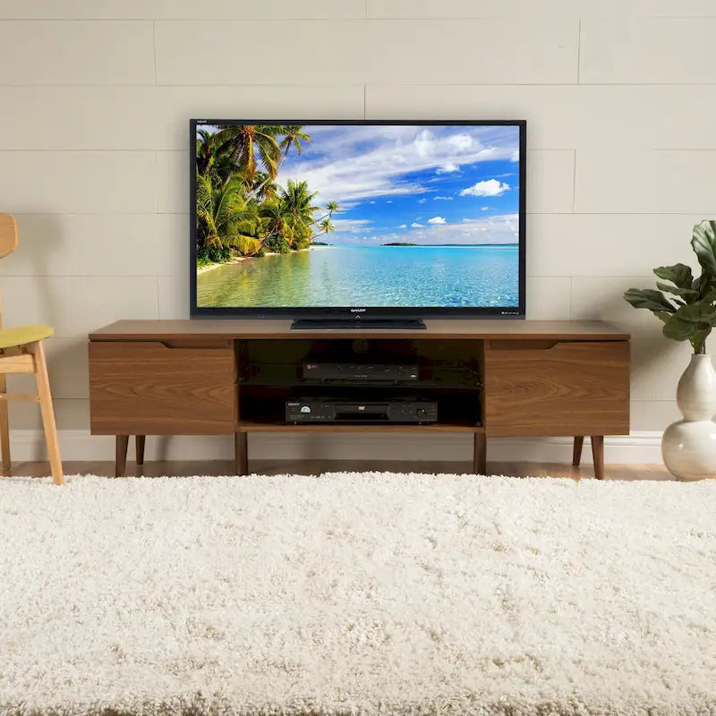 Walnut 59.2 TV Stand with 2 Cabinets & Tempered Glass Shelf for 40 TVs