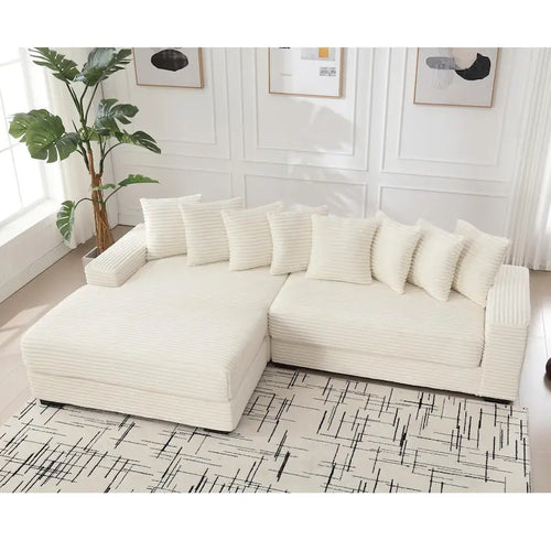 Beige 111 Corduroy Upholstered L-Shaped Sectional Sofa with Oversized Left Chaise Longue and 8 Throw Pillows