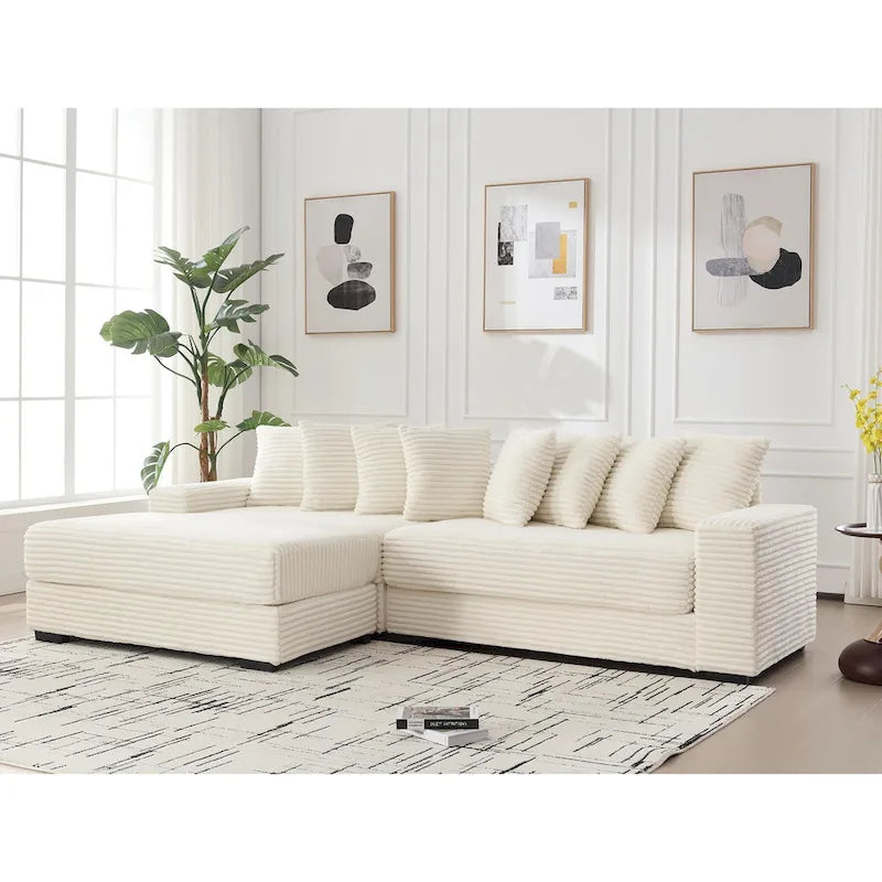 Beige 111 Corduroy Upholstered L-Shaped Sectional Sofa with Oversized Left Chaise Longue and 8 Throw Pillows