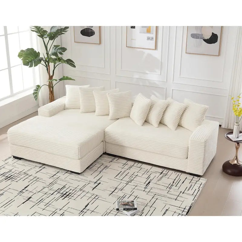 Beige 111 Corduroy Upholstered L-Shaped Sectional Sofa with Oversized Left Chaise Longue and 8 Throw Pillows