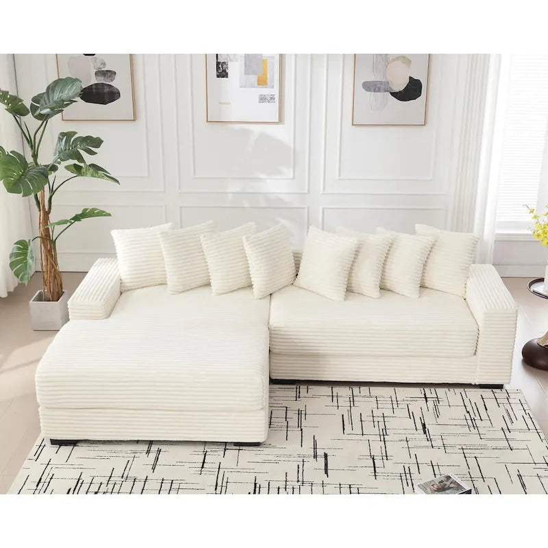 Beige 111 Corduroy Upholstered L-Shaped Sectional Sofa with Oversized Left Chaise Longue and 8 Throw Pillows
