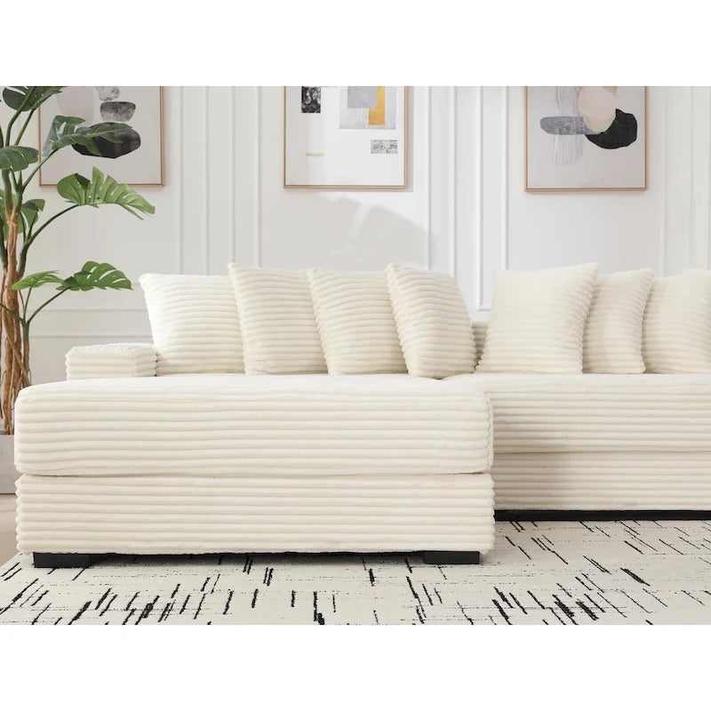 Beige 111 Corduroy Upholstered L-Shaped Sectional Sofa with Oversized Left Chaise Longue and 8 Throw Pillows