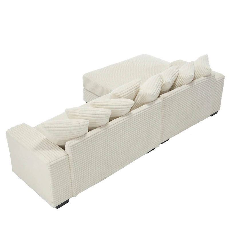 Beige 111 Corduroy Upholstered L-Shaped Sectional Sofa with Oversized Left Chaise Longue and 8 Throw Pillows