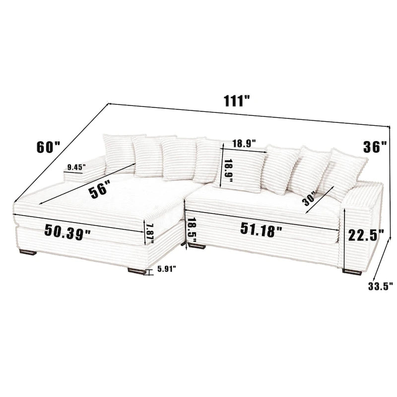 Beige 111 Corduroy Upholstered L-Shaped Sectional Sofa with Oversized Left Chaise Longue and 8 Throw Pillows
