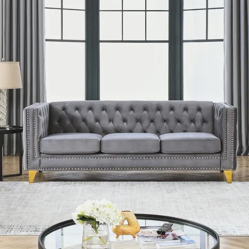 Gray 80.5 Velvet Tufted 3-Seater Sofa with Nailhead Decoration
