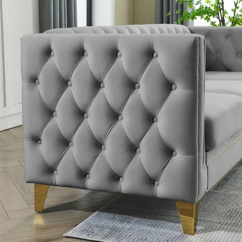 Gray 80.5 Velvet Tufted 3-Seater Sofa with Nailhead Decoration