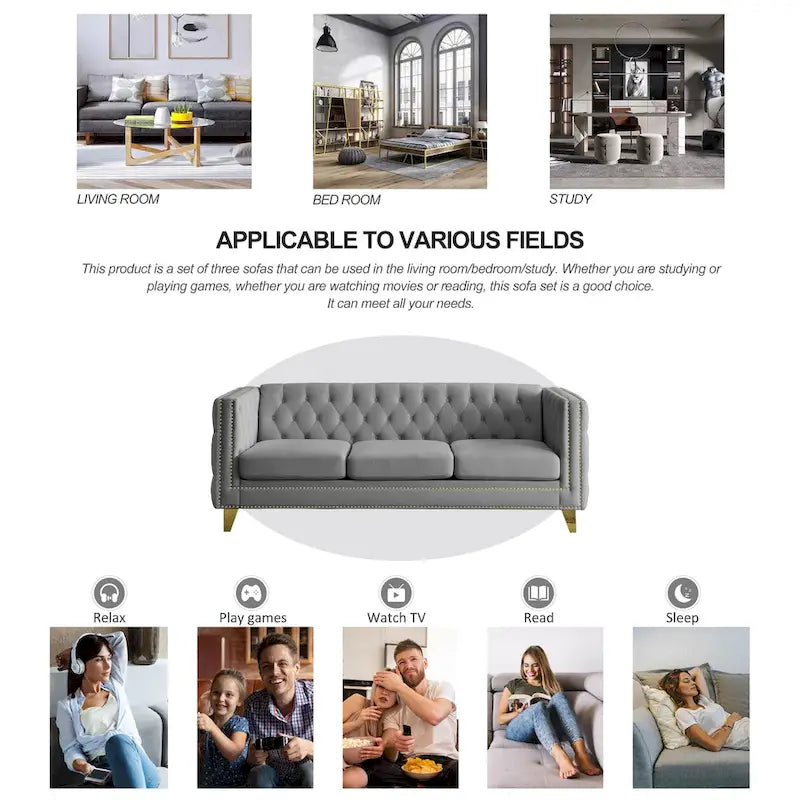 Gray 80.5 Velvet Tufted 3-Seater Sofa with Nailhead Decoration