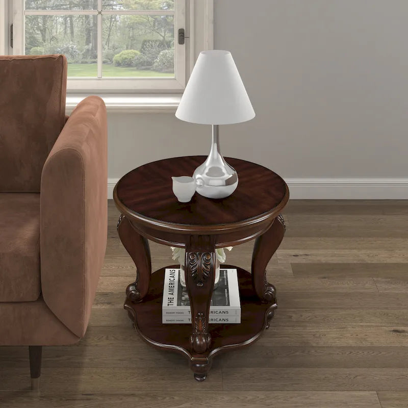 22 Retro Round End Table,Solid Wood Sofa Side Table with Shelf,Living Room Corner Table Easy Assemble