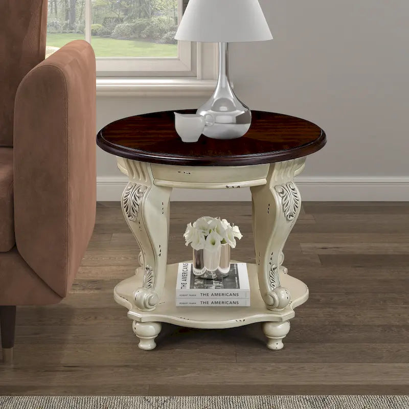 22 Retro Round End Table,Solid Wood Sofa Side Table with Shelf,Living Room Corner Table Easy Assemble