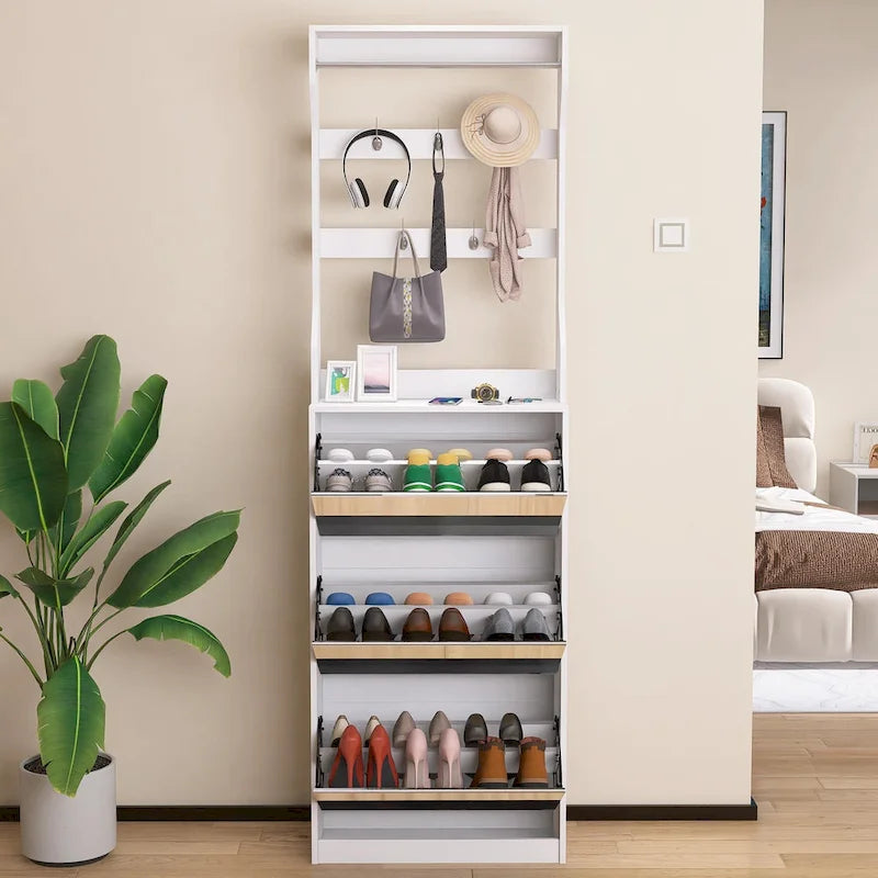 Mirror Shoe Cabinet With 3 Flip-Tier Drawers,Shoe Rack Organizer Store Ample Shoes,Hooks&Hangers For Organizing Clothes And Hats