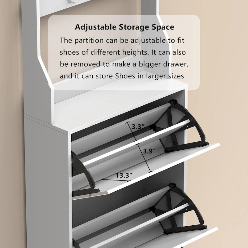 Mirror Shoe Cabinet With 3 Flip-Tier Drawers,Shoe Rack Organizer Store Ample Shoes,Hooks&Hangers For Organizing Clothes And Hats