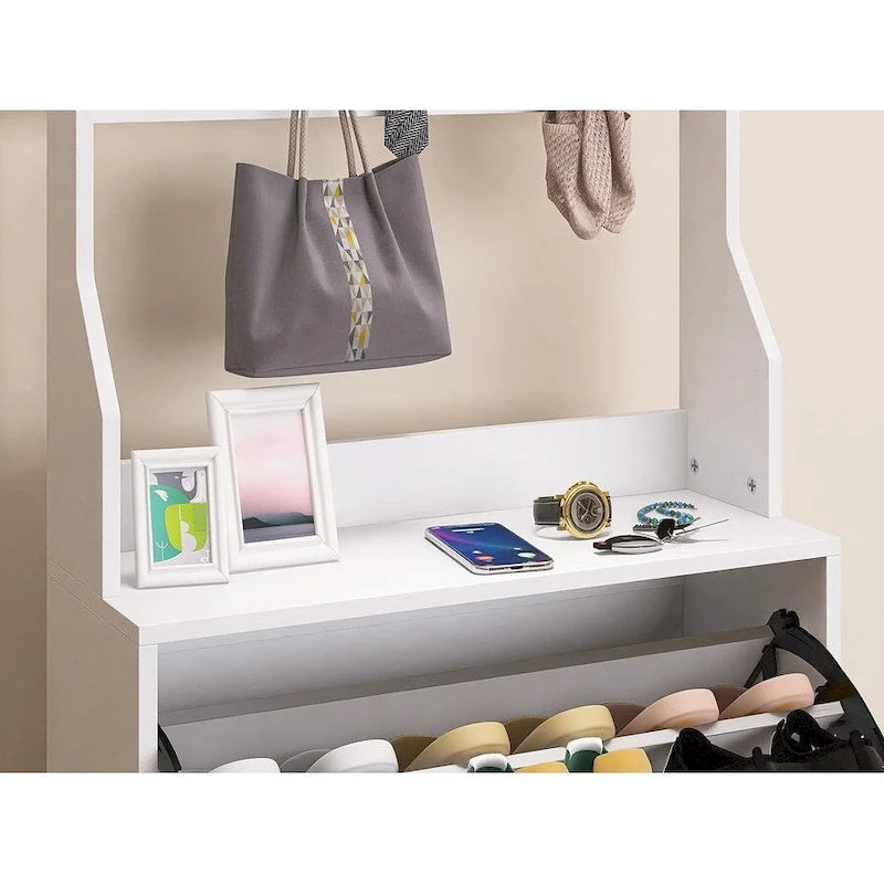 Mirror Shoe Cabinet With 3 Flip-Tier Drawers,Shoe Rack Organizer Store Ample Shoes,Hooks&Hangers For Organizing Clothes And Hats