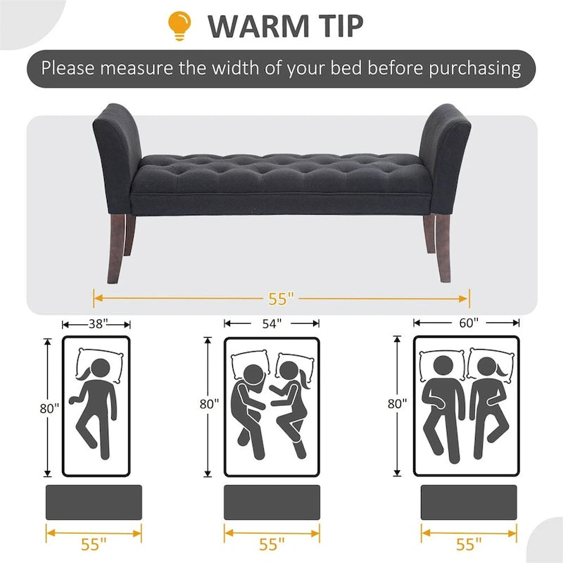 Button-Tufted Upholstered Bench with Arms - 55"