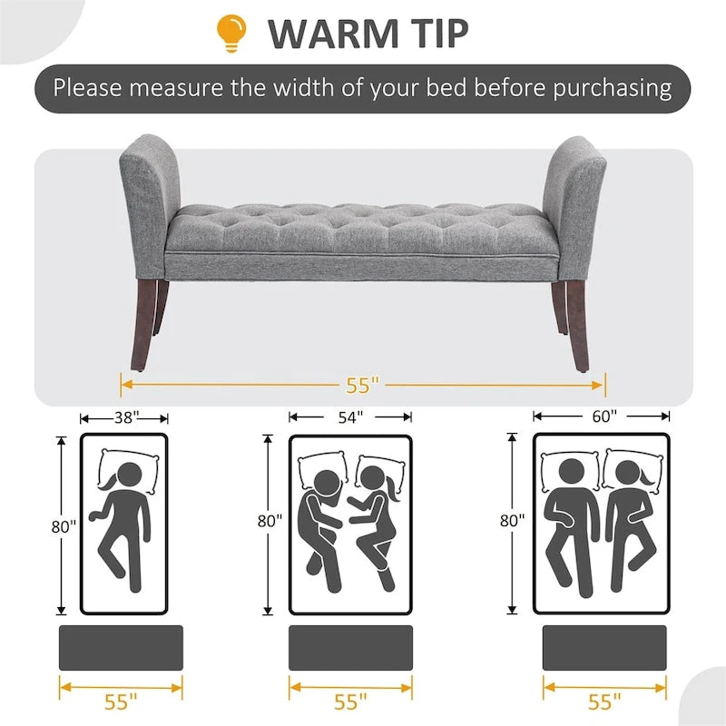 Button-Tufted Upholstered Bench with Arms - 55"