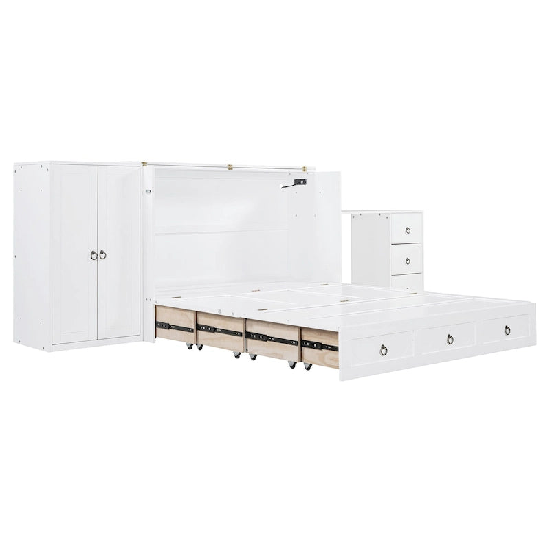 Queen Size Murphy Bed with USB Port, Large Drawer, and Wardrobe/Desk Combo