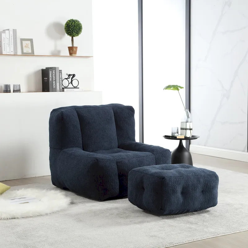 Gray Velvet Bean Bag Lounge Chair with Ottoman