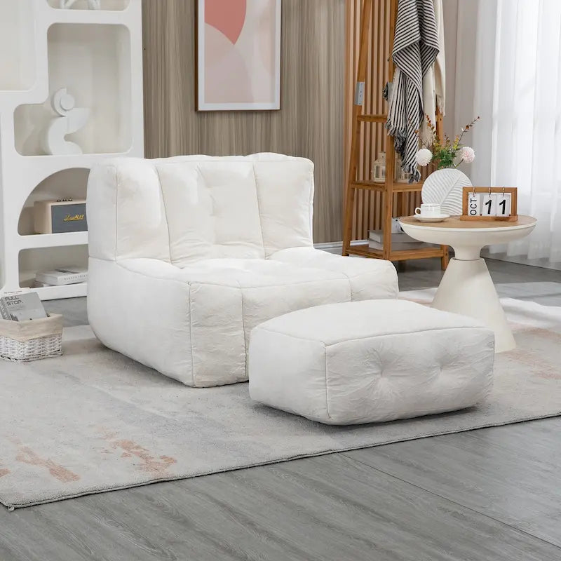 Gray Velvet Bean Bag Lounge Chair with Ottoman