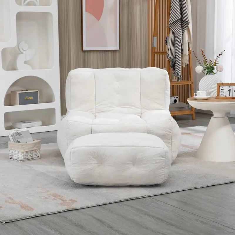 Gray Velvet Bean Bag Lounge Chair with Ottoman