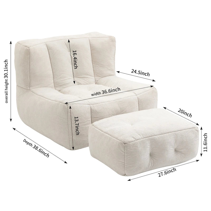 Gray Velvet Bean Bag Lounge Chair with Ottoman