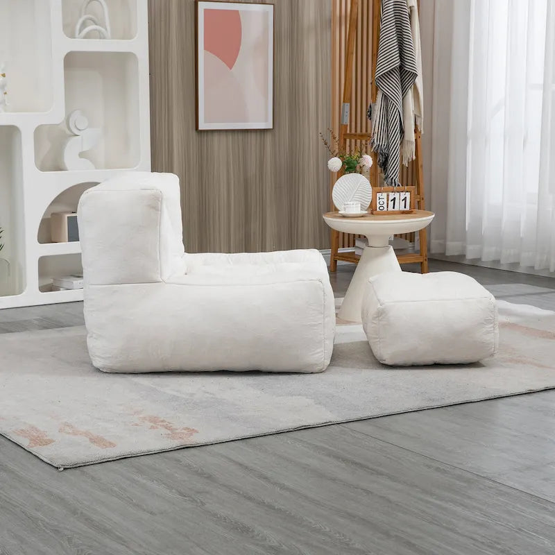 Gray Velvet Bean Bag Lounge Chair with Ottoman