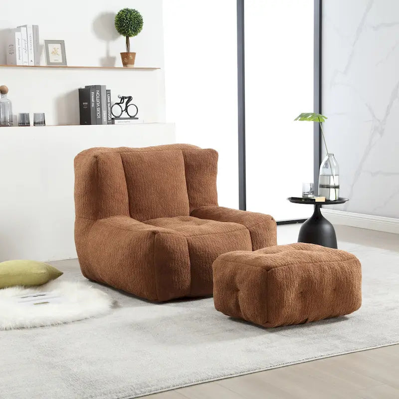 Gray Velvet Bean Bag Lounge Chair with Ottoman