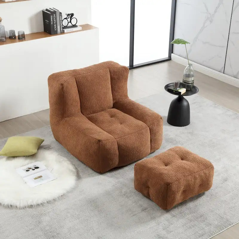 Gray Velvet Bean Bag Lounge Chair with Ottoman