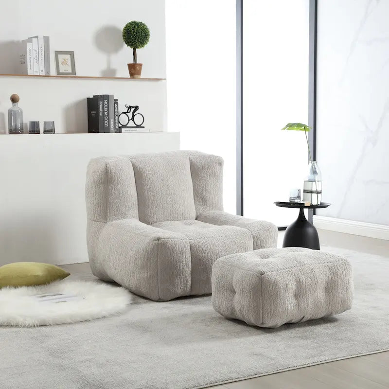 Gray Velvet Bean Bag Lounge Chair with Ottoman