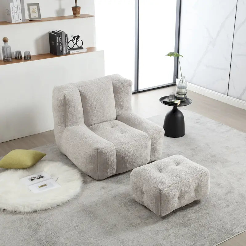 Gray Velvet Bean Bag Lounge Chair with Ottoman