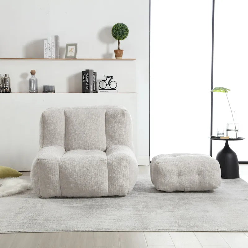 Gray Velvet Bean Bag Lounge Chair with Ottoman