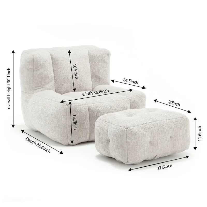 Gray Velvet Bean Bag Lounge Chair with Ottoman