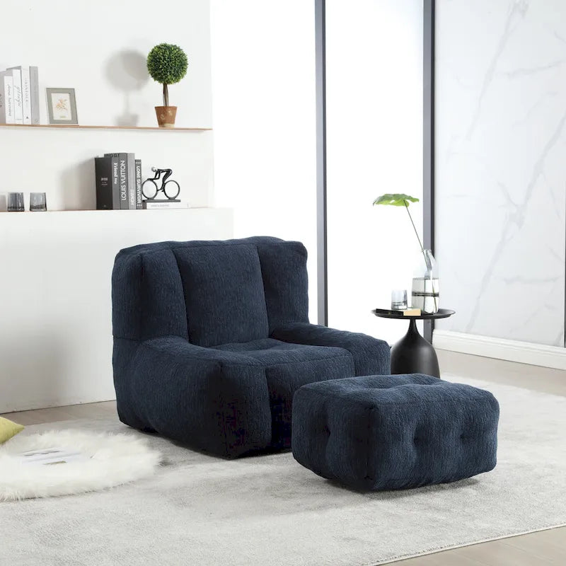 Gray Velvet Bean Bag Lounge Chair with Ottoman