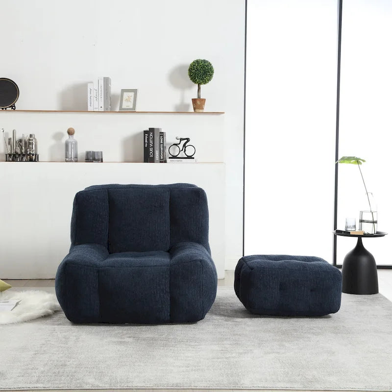 Gray Velvet Bean Bag Lounge Chair with Ottoman