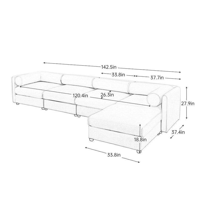 142.5 Chenille Upholstered L-Shaped Modular Sectional Sofa with Storage Seat, DIY Combination