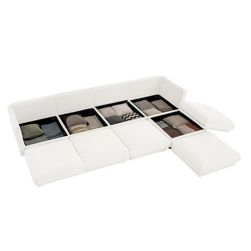 142.5 Chenille Upholstered L-Shaped Modular Sectional Sofa with Storage Seat, DIY Combination