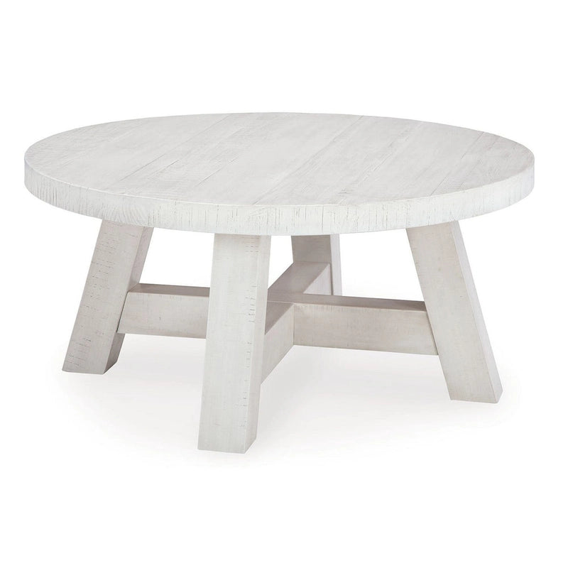 Linie Round Cocktail Coffee Table, Rustic Posts, 40 Inch White Pine