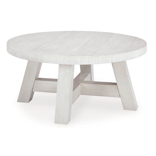 Linie Round Cocktail Coffee Table, Rustic Posts, 40 Inch White Pine