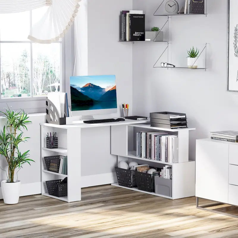 Modern L Shaped Computer Office Desk with 360 Degree Rotating Support and Ample Storage Cell for Small Offices and Bedrooms