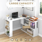 Modern L Shaped Computer Office Desk with 360 Degree Rotating Support and Ample Storage Cell for Small Offices and Bedrooms