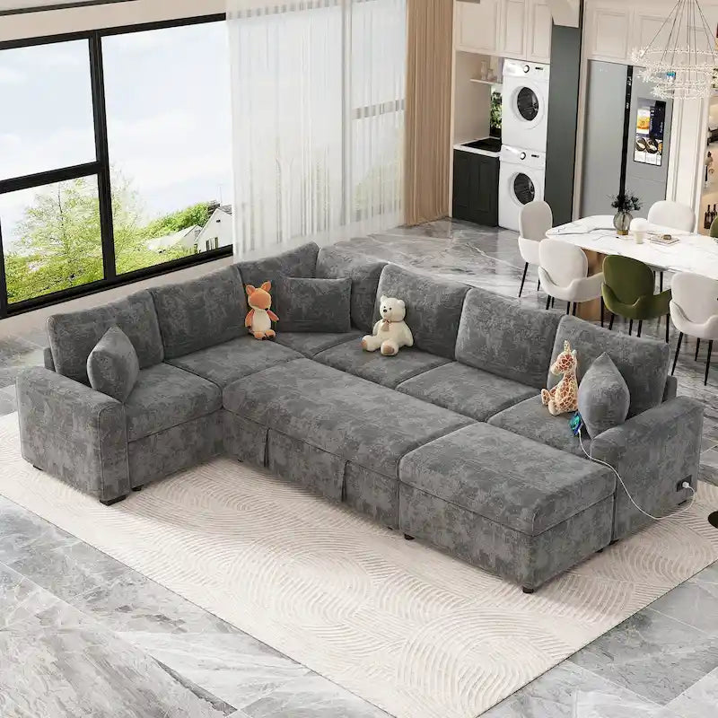 Gray Chenille L-Shape Sleeper Sofa with Storage Ottoman