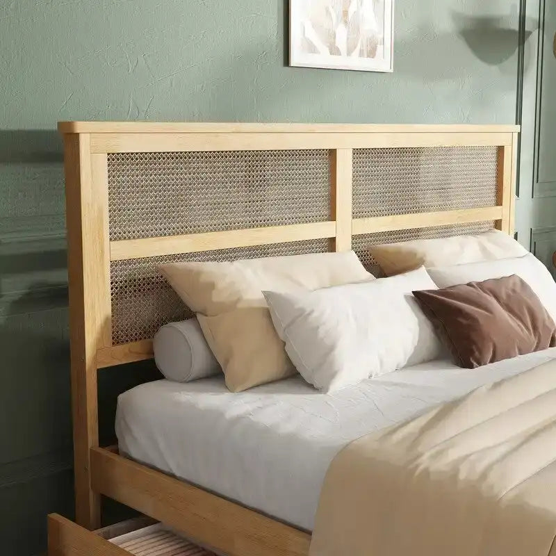 White Oak King Platform Bed with Rattan Headboard and 2 Drawers