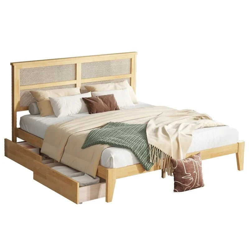 White Oak King Platform Bed with Rattan Headboard and 2 Drawers