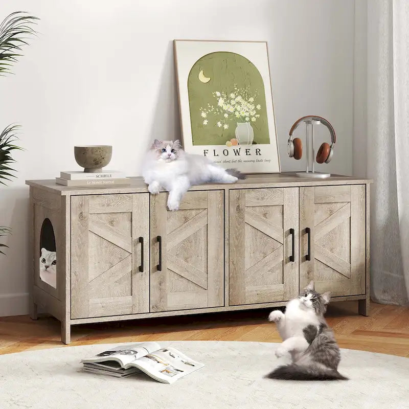 Gymax Cat Litter Box Enclosure for 2 Cats w/ Double Rooms Wooden Cat