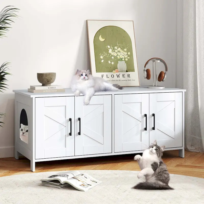Gymax Cat Litter Box Enclosure for 2 Cats w/ Double Rooms Wooden Cat