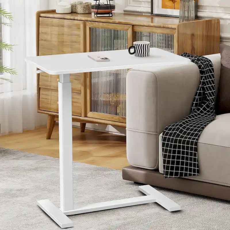 27.56 in. White Laptop Desk with Wheels, Adjustable Height Overbed Bedside Table Mobile Standing Desk