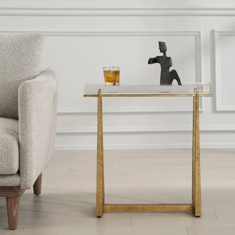 Thick Crystal Top End Accent Table - 24 - Antique Gold