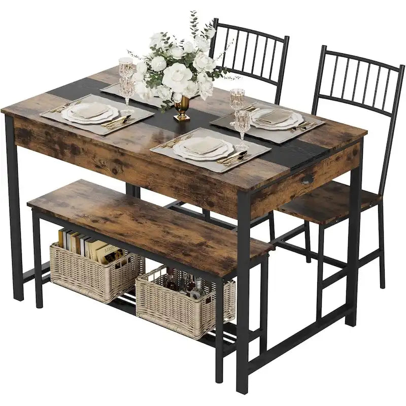 Dining Table Set for 4, Wooden Kitchen Table with with 2 Chairs and a Long Bench