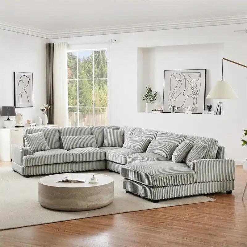Oversized U-shaped Sectional Sofa with Chaise Lounge, 129 Modern Upholstered Sofa Couch, Corduroy Couch Set for Living Room